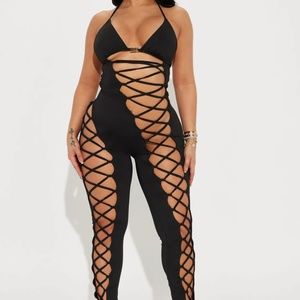 Black Lace Up Sexy Sting Tie Open Back Plunging Neckline Jumpsuit Halter Neck